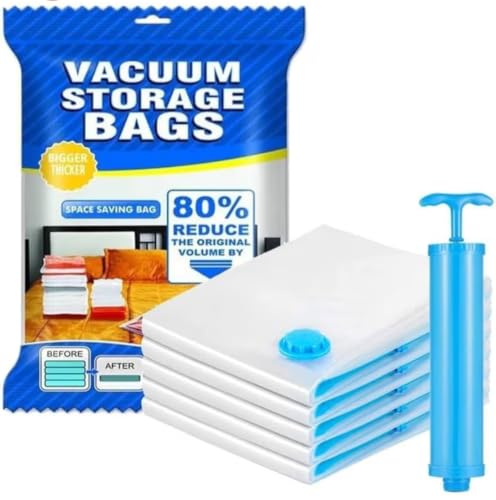Image of Heavy Duty 5 Pack Vacuum Storage Bags with Hand Pump(2 Medium, 2 Large,1 Jumbo) Space Saving Bags for Clothes Blankets, Quilt, Sarees and Travel. Reusable Airtight Compression Storage Bags.