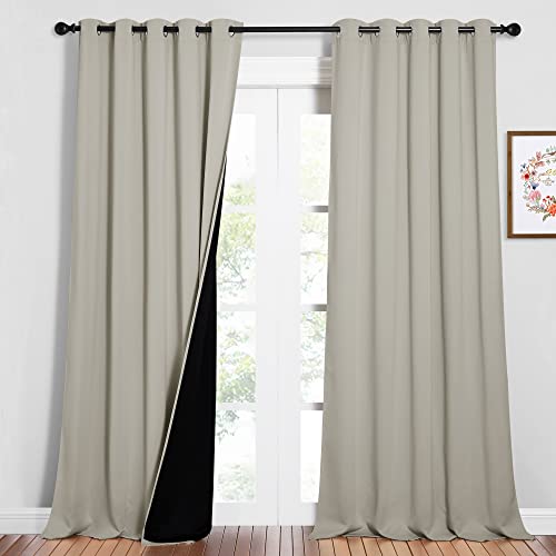 Image of NICETOWN Full Shading Curtains for Windows, Super Heavy-Duty Black Lined Blackout Curtains for Bedroom, Privacy Assured Window Treatment (Natural, Pack of 2, 62 inches W x 95 inches L)