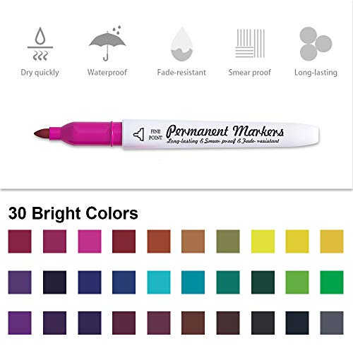 Lelix 30 Colors Permanent Markers, Fine Point, Assorted Colors, Works On Plastic,Wood,Stone,Metal And Glass For Kids Adult Coloring Doodling Marking #TOP2