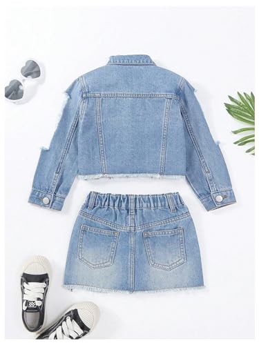 Image of WDIRARA Girl's 2 Piece Outfit Ripped Button Front Long Sleeve Denim Jackets and Mini Skirts Set
