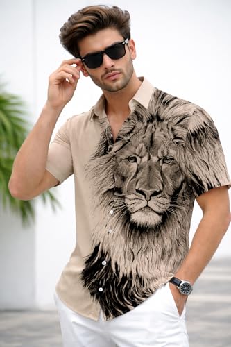 Image of Men's Watercolor Lion Print Button-Down Shirt, Short Sleeve, Casual Summer Wear, White