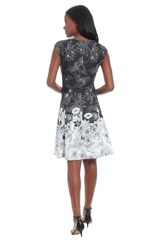 Image of London Times Women's Women's Fit and Flare Knee Length Cap Sleeve Round Neck - Border Print Special Occasion Cocktail Dress