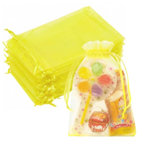Image of Crweety 50PCS Organza Bags 4x6 Yellow Small Gift Bags Mesh Drawstring | Party Favor Goodie Bag Bulk, Jewelry Sachet Candy Treat Soap Makeup Pouches, Wrap for Wedding Baby Shower Birthday Halloween