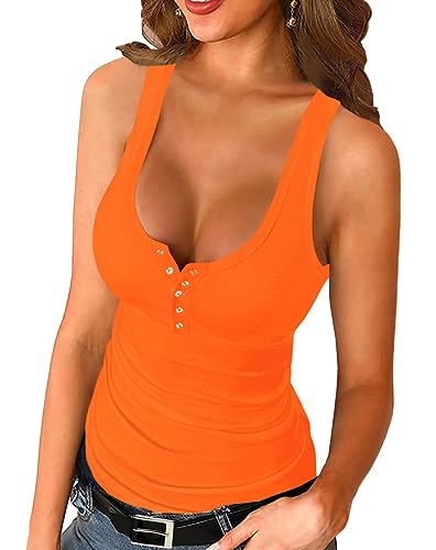 Afibi Womens Scoop Neck Henley Tank Tops Low Cut Solid Sexy Summer Sleeveless Button Down Shirts