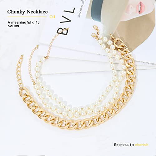 Cloace Layered Pearl Choker Necklace Gold Chunky Link Chain Necklaces Thick Necklaces Punk Jewelry For Women And Girls(Gold Layered Chain) #TOP1