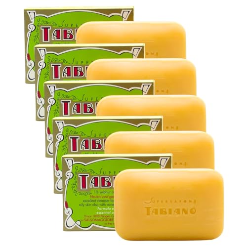 Savon au Soufre et Glycérine - Superpack de 5 Savons Supersapone Tabiano Traitement Anti-Acné, Psoriasis & Eczéma (5 Savons de 125g)