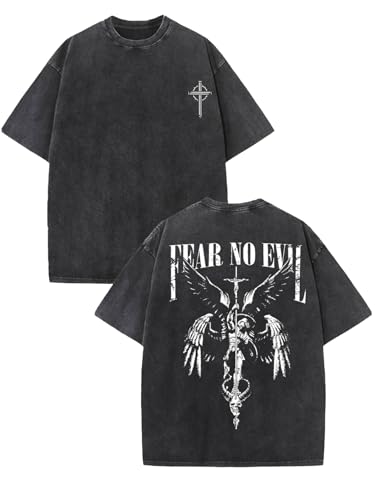 PSPSXT Fear No Evil Saint Michael Spiritual Warfare Grunge Gothic T-Shirt Mens Graphic T-Shirt Washed Cotton Oversized Streetwear Christian Bible Verse Hip Hop Retro Vintage Tee(Black170 Small)