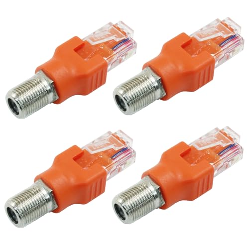 Jiozermi 4 Pcs RF to RJ45 Converter Adapter，Coaxial to Ethernet Adapter Coax Rf F Female to RJ45 Male Converter for Line Tester(Orange)