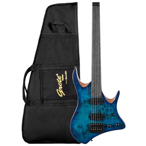 Grote Headless Electric Guitar Mahogany Body Maple Neck Lightweight guitar with Gigbag GRHL-004 (Blue)