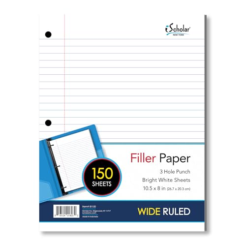 iScholar Wide Ruled Filler Paper, White, 10.5 x 8-Inches, 150 Sheets per Pack (81150)