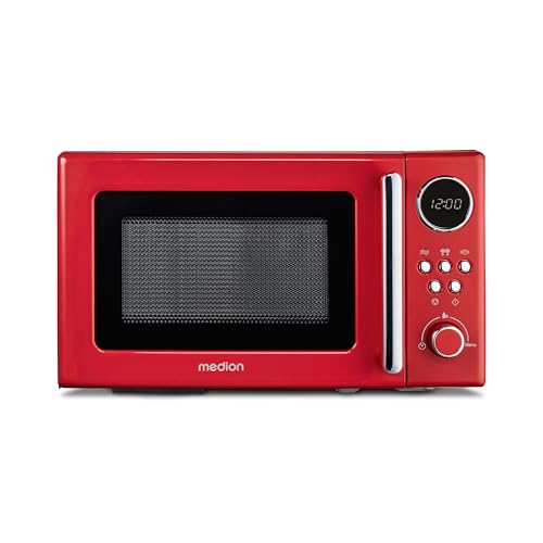 Microondas retro MEDION (20 litros, aprox. 800 vatios, 5 posiciones de microondas, pantalla digital, función de descongelación, compacto) rojo