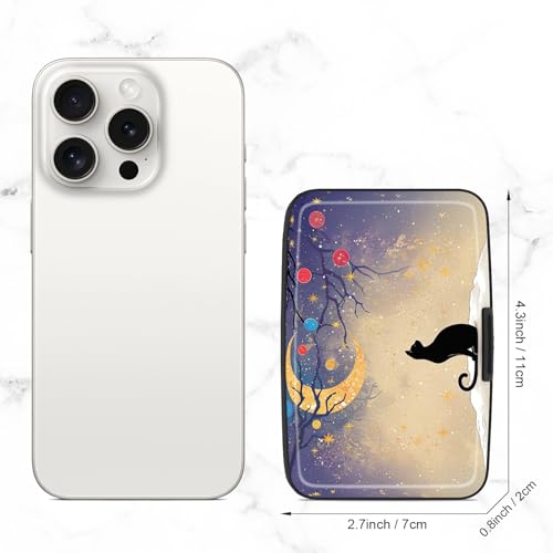 Image of Credit Card Holder, Mini Aluminum Card Wallet RFID Blocking Slim Metal Hard Card Case for Women Men, Moonlight Cat