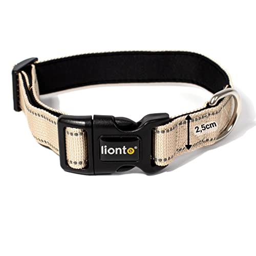 lionto Hundehalsband aus strapazierfähigem Nylon, Größe M, weiches gepolstertes Halsband für Hunde, 360° reflektierend & Klickverschluss, Metallring & Anpassung durch stufenlosen Schieber, beige