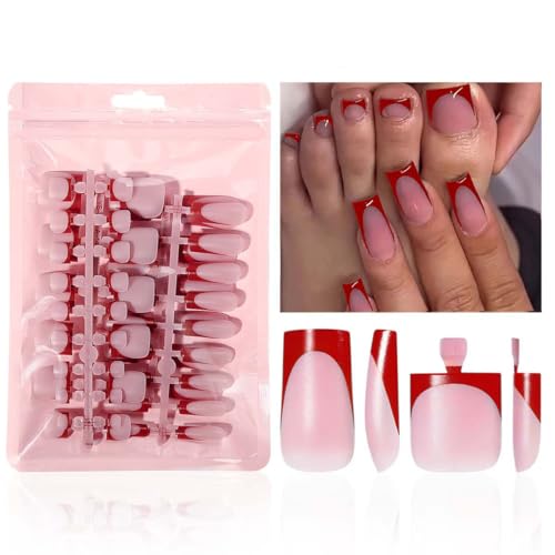 NHIXK 60Pcs Red French Tip Press on Nails & Press on Toenails Set Square Press on Nails Medium Fake Nails Red French Press on Toenails Full Cover Stick on Press ons for Women