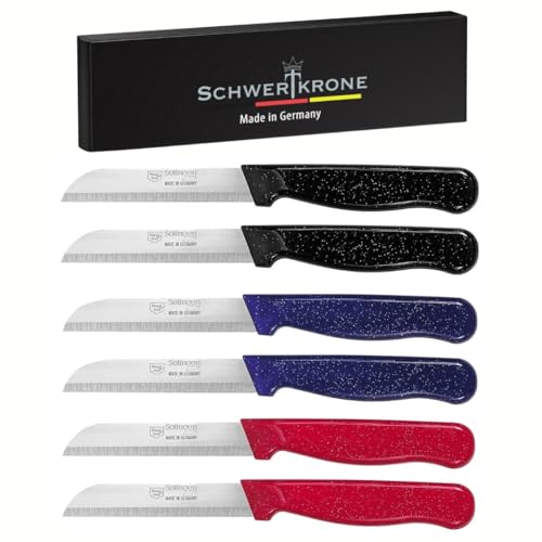 Schwertkrone® Lot de 6 couteaux éplucheurs [FABRIQUÉ À SOLINGEN - ALLEMAGNE] - Couteau à légumes, couteau à fruits - Couteau de cuisine long, dents aiguisées - Couteau à éplucher les pommes de terre