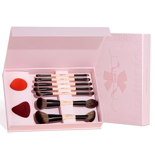 Jessup Face Makeup Brushes 3pcs Double Ended Makeup Brush Set for Foundation Contour Blush Highlight and Powder, Premium Synthetic Make up Brushes Peach Dust T508