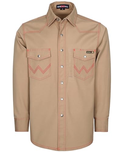 Image of BOCOMAL FR Welding Shirts Heavyweight Stretch Canvas Snaps Down Reinforced Stitching Western Style Fire Resistant Jackets Khaki/Orange