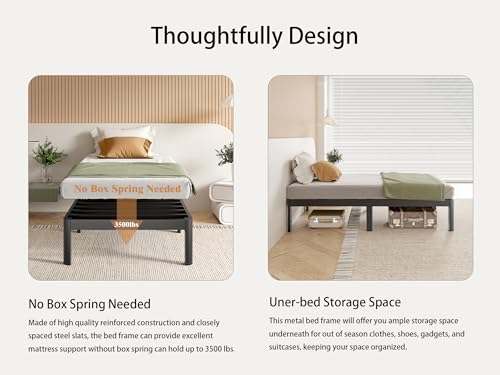 Image of Twin Size Bed Frames 14 Inch, Metal Twin Bed Frame No Box Spring Needed, DIY Headboard Holes, Heavy Duty Steel Support 3500 LBS, Noiseless, Round Corner Leg, Storage Space, Easy Assembly, Black