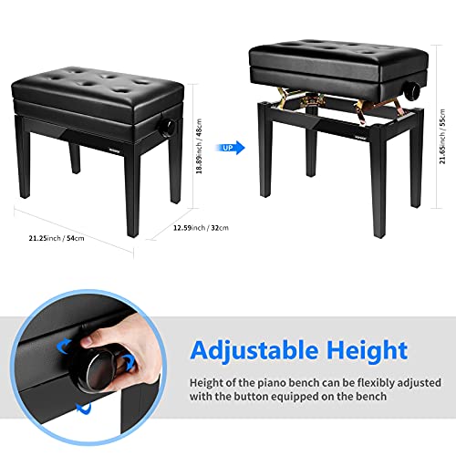 Neewer NW-007 Verstelbare deluxe gestoffeerde pianobank - lederen kruk zonder rug met opbergvak, massief hardhoutbouw… - Image 3