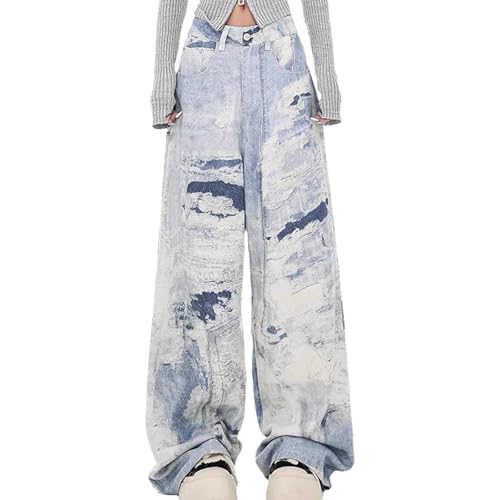 Women's Fashionable Casual Pants American y2k Loose Retro Blue and White tie dye Slim Straight Leg Jeans