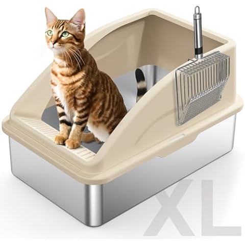 FURTIME Stainless Steel Litter Box with Lid, XL Metal Cat Litter Box for Big Cats, Extra Large Litter Box High Sided, Non-Sticky, Easy to Clean, Anti-Urine Leakage,Include Metal Litter Scoop, Beige Cover