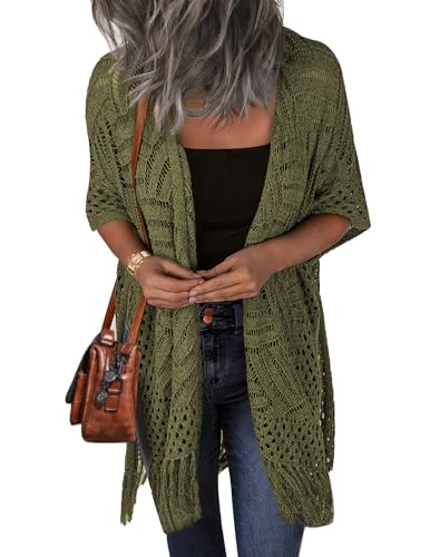 Image of HOTOUCH Womens Knit Cardigan Hollow Out Crochet Lightweight Kimonos Sweater | Open Front Cardigans with Tassel, Short Sleeve Boho Cardigan Sweaters, Beach Coverups, Spring Summer Clothes, Vacation Outfit