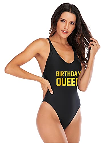 HYTENSUN Women's Criss Cross Back Birthday Slay Queen One Piece Swimsuit Dirty 30 Champagne Campaign High Cut Bathing Suit3