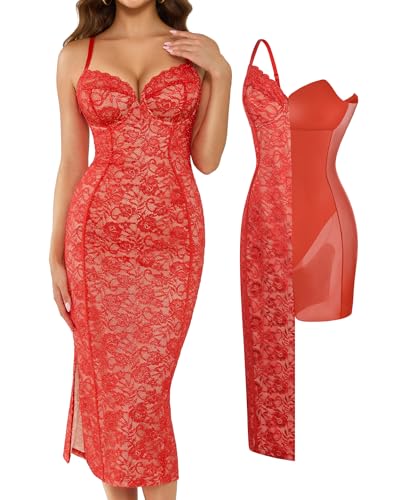 Image of Popilush Lace Corset Dress with Built in Shapewear Formal Cocktail for Women Deep V Neck Side Slit Bodycon Midi Black