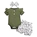 Baby KurzäRmlige RüSchen Einfarbig Grubenstreifen Strampler Furz Kleid + Floraler GüRtel Dekorative Shorts + Schleife Haarband Set Neugeborene 1. Jahrestag Foto Niedliche Babykleidung,Grün,80