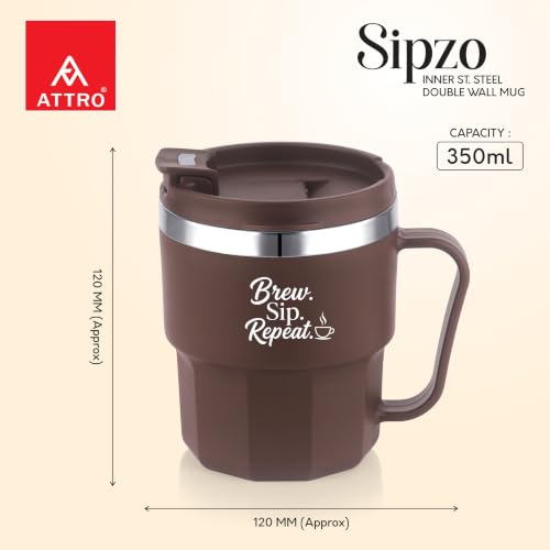 Image of ATTRO Sipzo Double Wall Inner Steel Coffee Mug, 350ml, Microwave Safe, Stainless Steel Inner, BPA Free Food Grade Outer, Leakproof Lid with Dust Cover, Wide Mouth, Office & Travel Mug-Brown