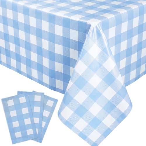 Image of Oigco Light Blue Gingham Tablecloth - 54 x 108 Inches, Rectangle Disposable Light Blue Checkered Tablecloth, Picnic Table Covers for Dining /Camping /Picnic /Outdoor