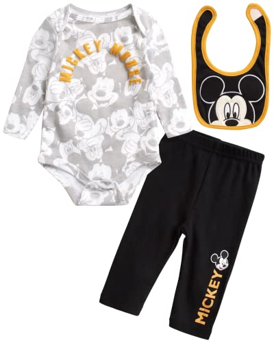 Disney Baby Boys' 3 Piece Bodysuit Layette Set: Mickey, Pooh, Lion King, Toy Story (Newborn), Size 0-3 Months, Mickey Black/Yellow