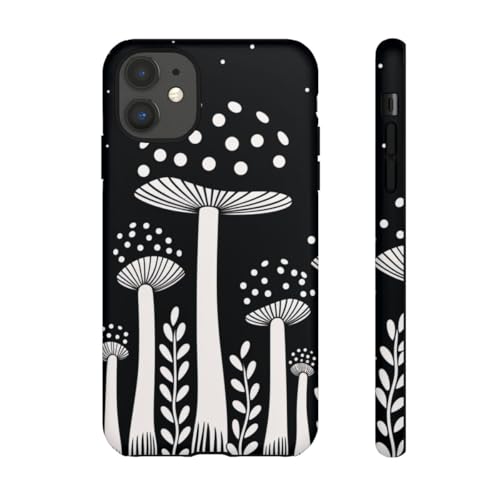 Coque iPhone 11 rigide mate noire et blanche motif champignon protection dos antichoc