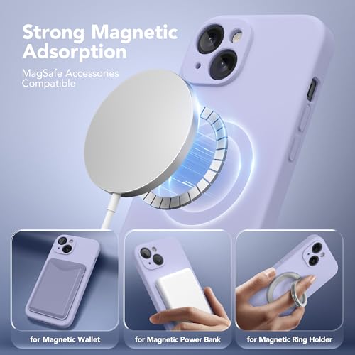 Image of Magnetic for iPhone 15 Case, Compatible with MagSafe, [Screen Protector + Full Camera Protection], Silicone Shockproof Anti-Scratch Protective Phone Case for iPhone 15 6.1 inch, Lilac