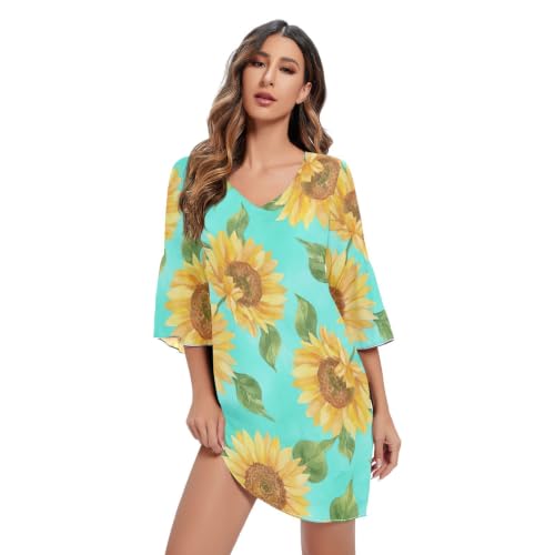 Robe hawaïenne imprimée tournesols turquoise col en V pour rester fraîche en été