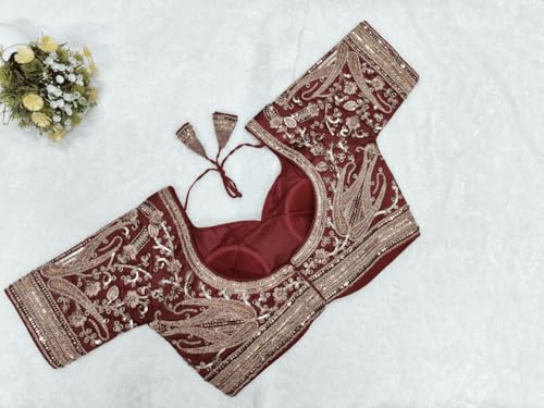 Image of Pujia Mills Women's Readymade Bridal Blouse Embroidery Copper Coding Glitter Sequence Thread Work Indian Ethnic Designer Stitched Half Sleeve Blouse Readymade for Women Saree Bridal Lehenga Choli