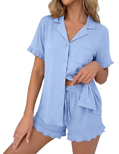 Ekouaer Pajamas Set for Women Button Down Pjs Lounge Sets Ruffle Short Sleeve Sleepwear Cute Loungewear Light Blue Medium
