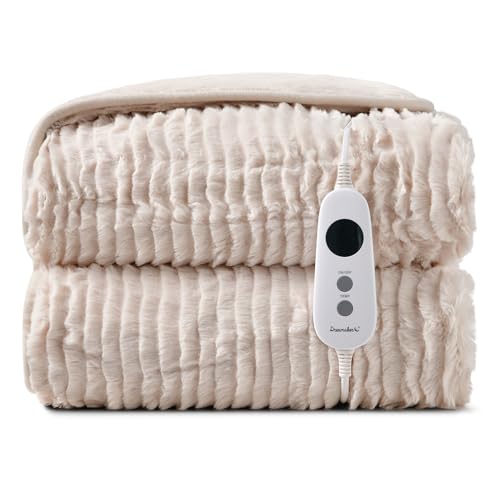 Dreamaker Eyelash Long Ribbed Fleece Electric Heated Throw Blanket 200x180cm Winter Warmer Reversible Rug Energy Efficient Overheat Protection 9 Heat Settings Extra Long Cord Controller- Natural