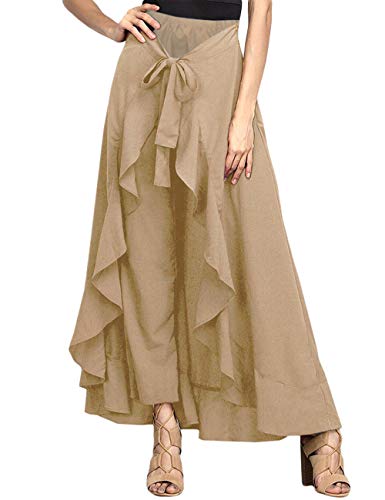 Lrady Women's Ruffle Plain Wide Leg Split Tie-Waist Maxi Long Palazzo Overlay Pant Skirts, Khaki, S