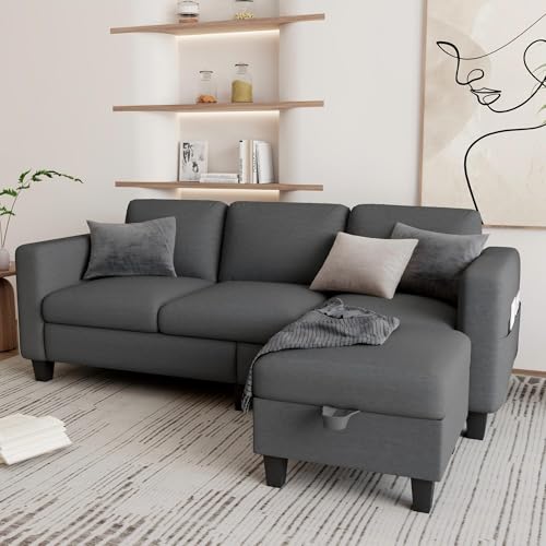 Grzyhem Sectional Couches for Living Room - Convertible L-Shaped Couch, Grey 3 Seater Modern Linen Sofa, 78" Sofas with Storage Ottoman for Small Space, Bedroom, Offices and Apartments