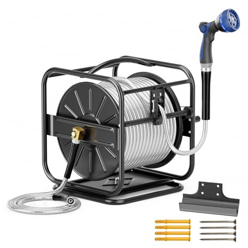 SPECILITE Heavy Duty Hose Reel with 100Ft 3/4 304 Stainless Steel Garden Hoses Upgraded Guide System 360 Swivel Base Wall Mount/Floor Water Pipe Spool for Outside Yard Lawn