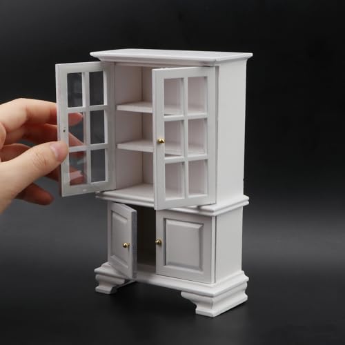 Dollhouse Furniture Cabinet 1:12 Scale Miniature Kitchen Accessories Wooden Cupboard Bookcase Display Shelf for Living Room Decoration (White)