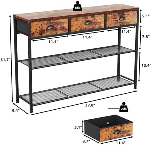 Furologee Entryway Table, 38'' Console Sofa Table with 3 Fabric Drawers, Industrial Entry Way Table with Storage Shelves, Display Shelf for Living Room, Hallway, Entrance, Foyer, Rustic Brown