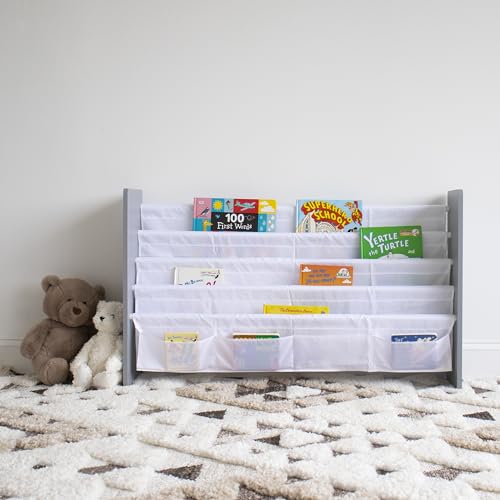 Humble Crew Inspire Extra Large Kids 4-Tier Bookrack with 4 Front Pockets, Toddler Bookshelf Organizer for Small & Large Books, Front-Facing Display Storage, Grey/White, for Nursery & Playroom