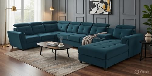 Image of Mishel 12 Seater Sofa Set for Living Room | Sectional U Shaped 12 Seater Sofa with Storage & Cupholder (Teal Fabric, RHS)