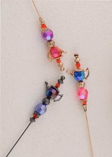 Image of Alilang Magic Lamp Pearl Lady Camo Rose Heart Rhinestones 3Pcs Vintage Long Handle Hat and Lapel Pins with Flexible Bendable Design