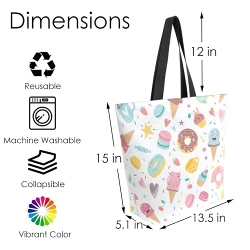 Cartoon Ice Cream and Donuts Canvas Tote Bag for Women with Zipper Pocket Reusable Grocery Shopping Bags Large Travel Shoulder Bag Handbag Bags4