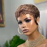 QiaQiaRing Short Wigs for Women Pixie Cut Human Hair Wigs Short Layered Pixie Wig With Bangs Glueless Full Machine Made Chocolate Brown 4# Color for Daily Use Easy to Wear and Go Wig (Brown)