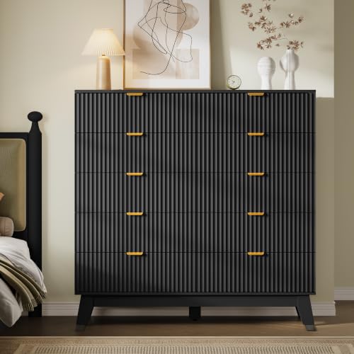 Image of BORNOON 46 inch Tall Dresser for Bedroom, 10-Drawer Fluted Chest of Drawers, Modern Wood Highboy with Metal Slides and Handles, Anti-Tip Kit, Vertical Clothes Storage Organizer for Apartment, Closet