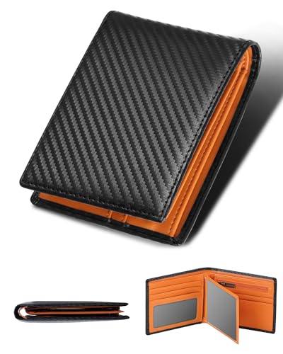 Image of GSG SINCE 1998 Men's Wallets Genuine Leather RIFD Tri-Fold Wallet with Coin Pocket,14 Credit Card Slots, 2 Banknote Compartments, 2 ID Windows, Minimalist Wallet with Gift Box, Black-orange